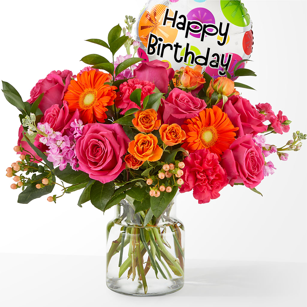 Fiesta Bouquet with Birthday Balloon – Reedley Flower Shop, Reedley CA