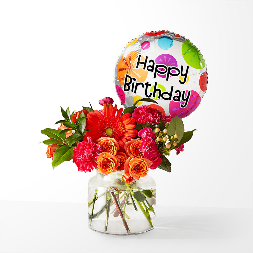 Fiesta Bouquet with Birthday Balloon – Reedley Flower Shop, Reedley CA