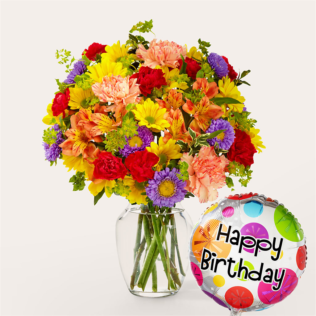 Kaleidoscope Bouquet with Birthday Balloon – Reedley Flower Shop, Reedley CA