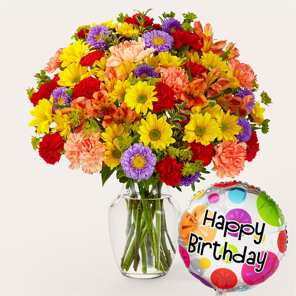 Kaleidoscope Bouquet with Birthday Balloon – Reedley Flower Shop, Reedley CA