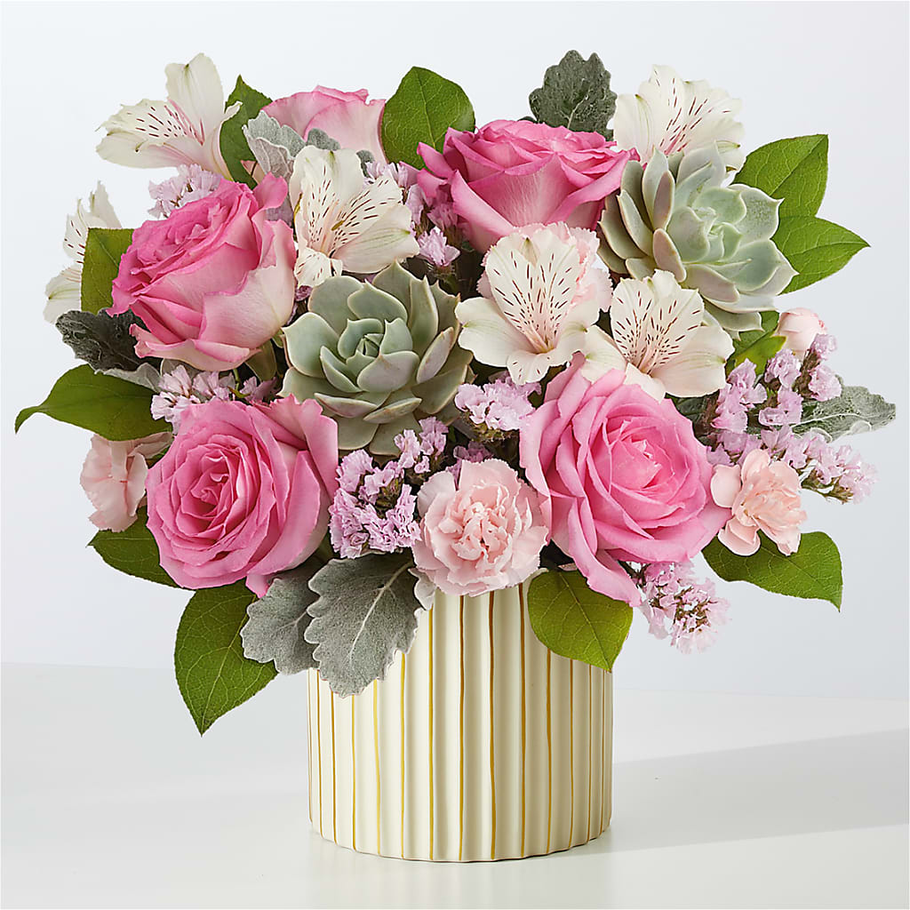 Dusty Rose Bouquet with Ivory Vase – Reedley Flower Shop, Reedley CA