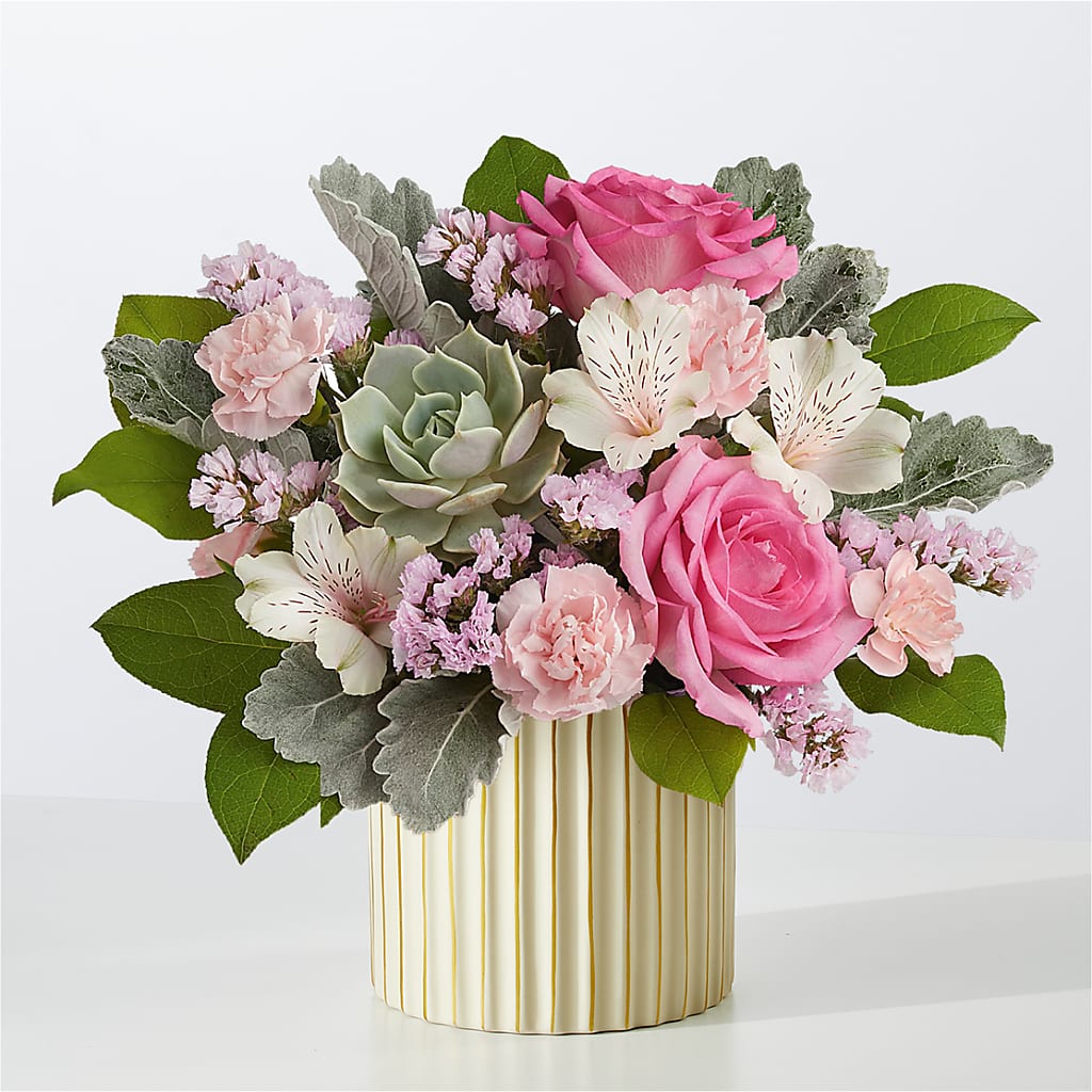 Dusty Rose Bouquet with Ivory Vase – Reedley Flower Shop, Reedley CA
