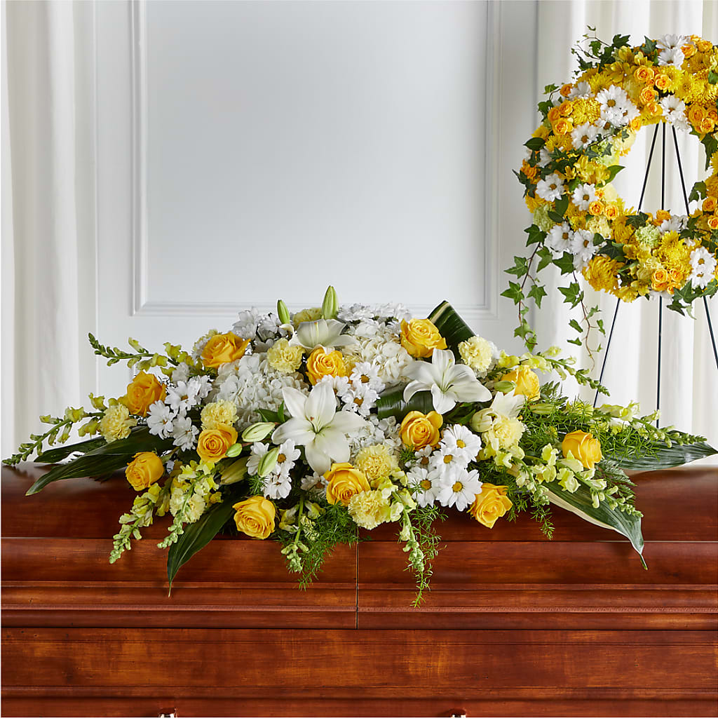 Golden Harmony Casket Spray – Reedley Flower Shop, Reedley CA