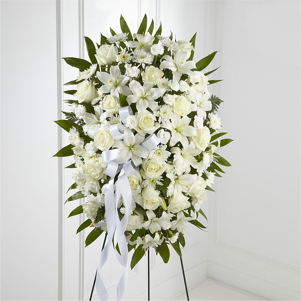 Exquisite Tribute Standing Spray-White Ribbon – Reedley Flower Shop, Reedley CA