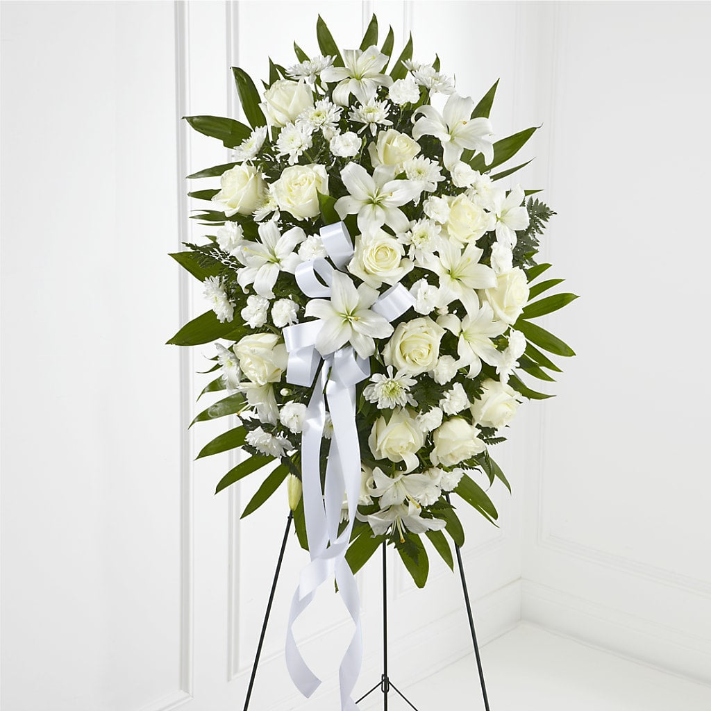 Exquisite Tribute Standing Spray-White Ribbon – Reedley Flower Shop, Reedley CA