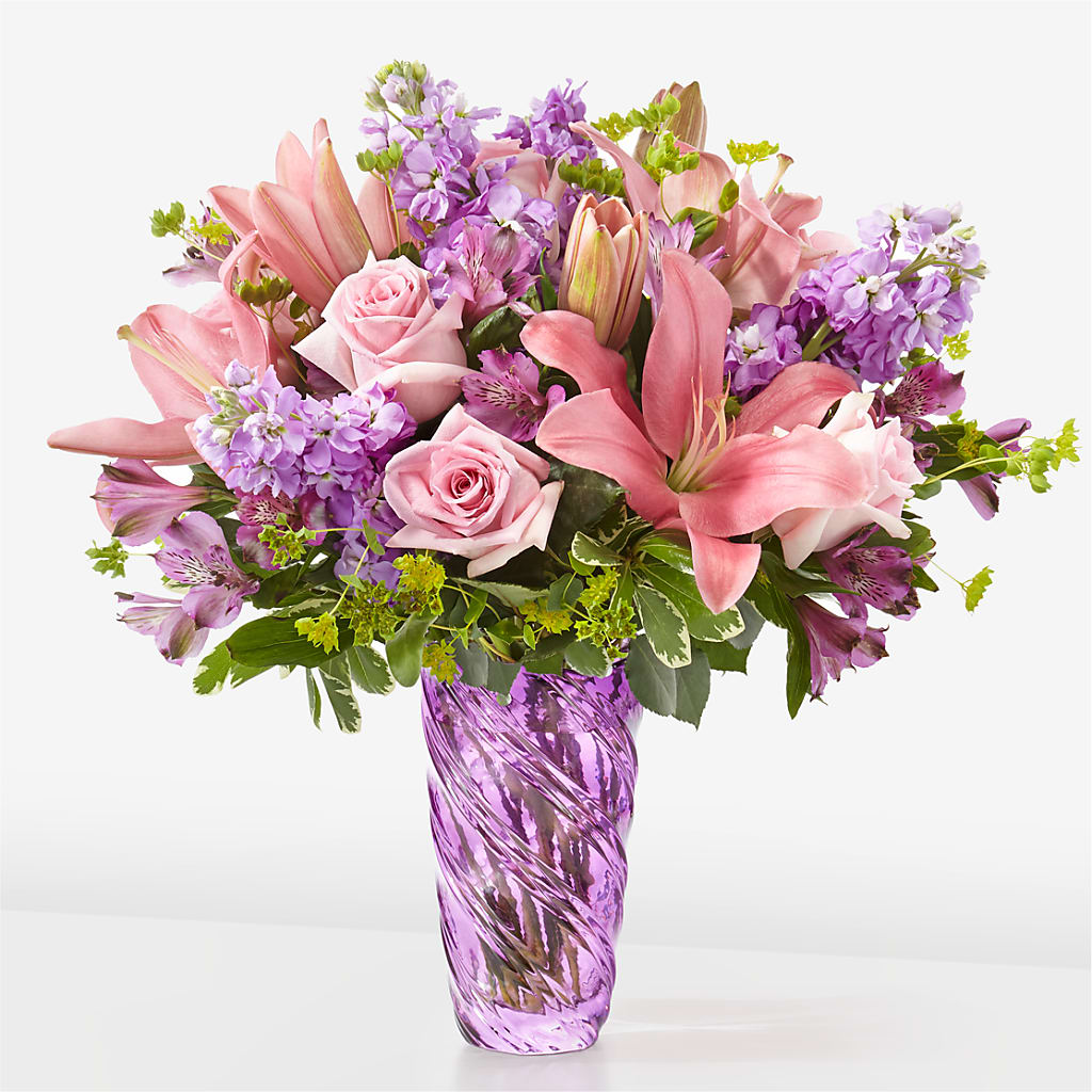 Precious Petals Bouquet with Luxe Swirl Vase – Reedley Flower Shop, Reedley CA