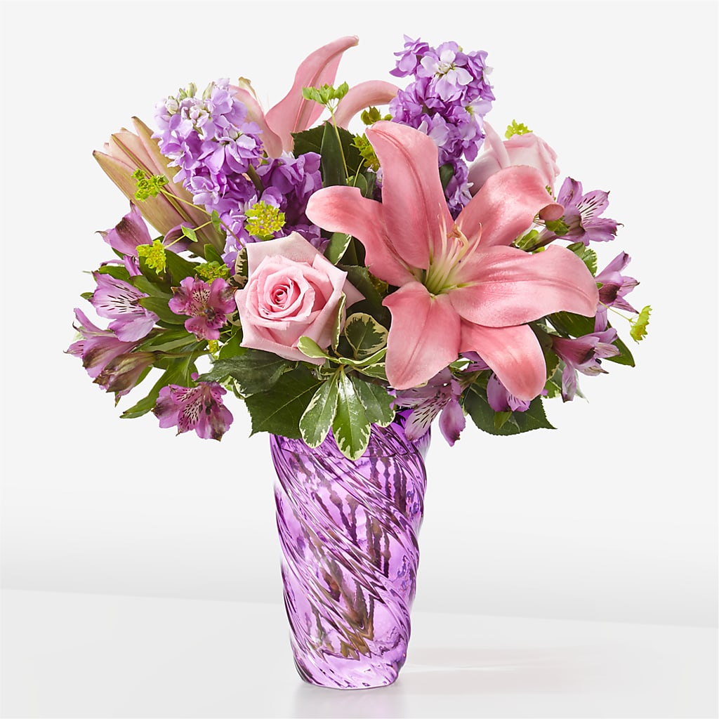 Precious Petals Bouquet with Luxe Swirl Vase – Reedley Flower Shop, Reedley CA