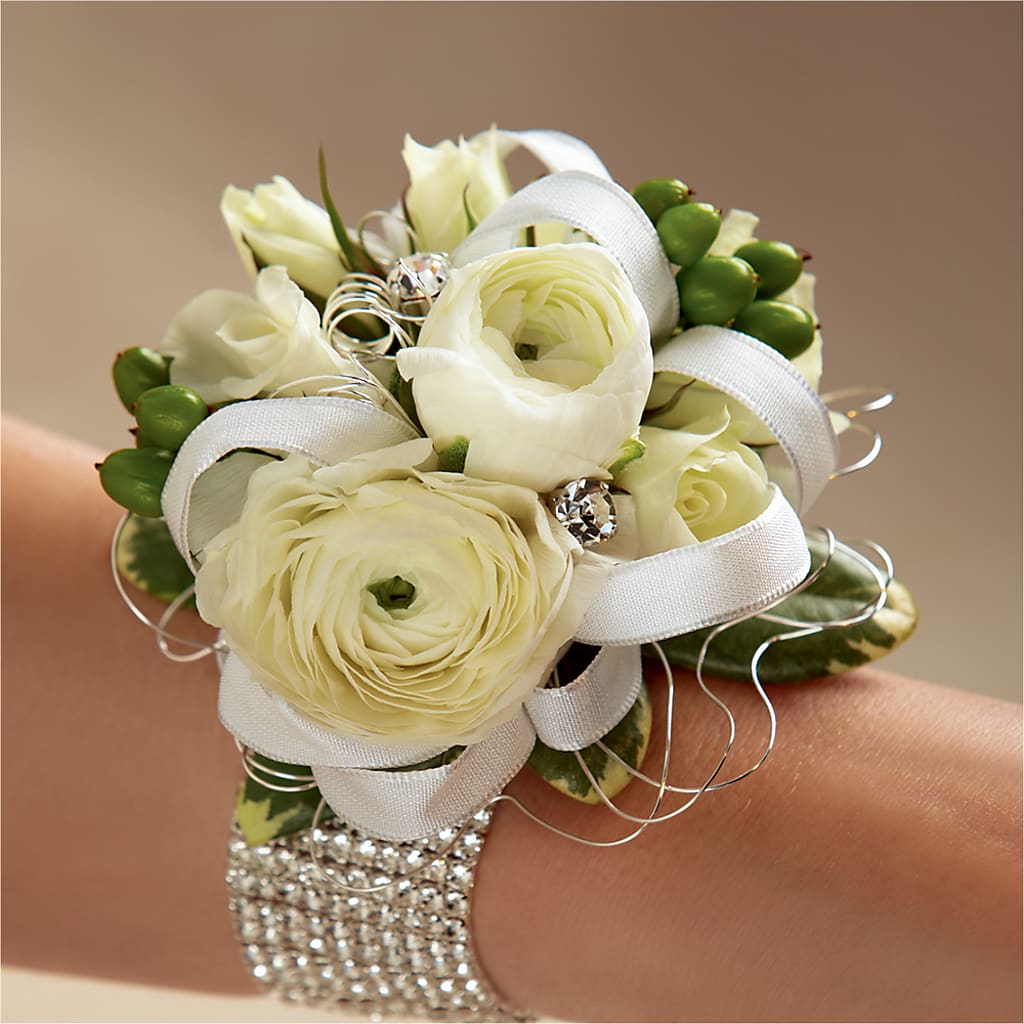 White Wedding Corsage – Reedley Flower Shop, Reedley CA